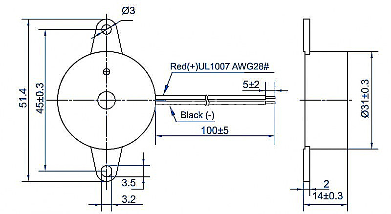 Piezo wired buzzer EPB3114W1005-TA-09-3.5-R 9 volt bell buzzer - ESUNTECH