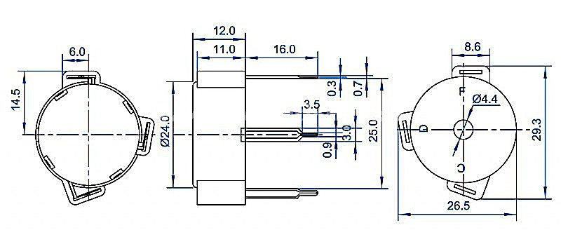 Piezo external-driver transducer EPF2412B-HA-12-3.5-R 6V 12V 3 pin buzzer - ESUNTECH