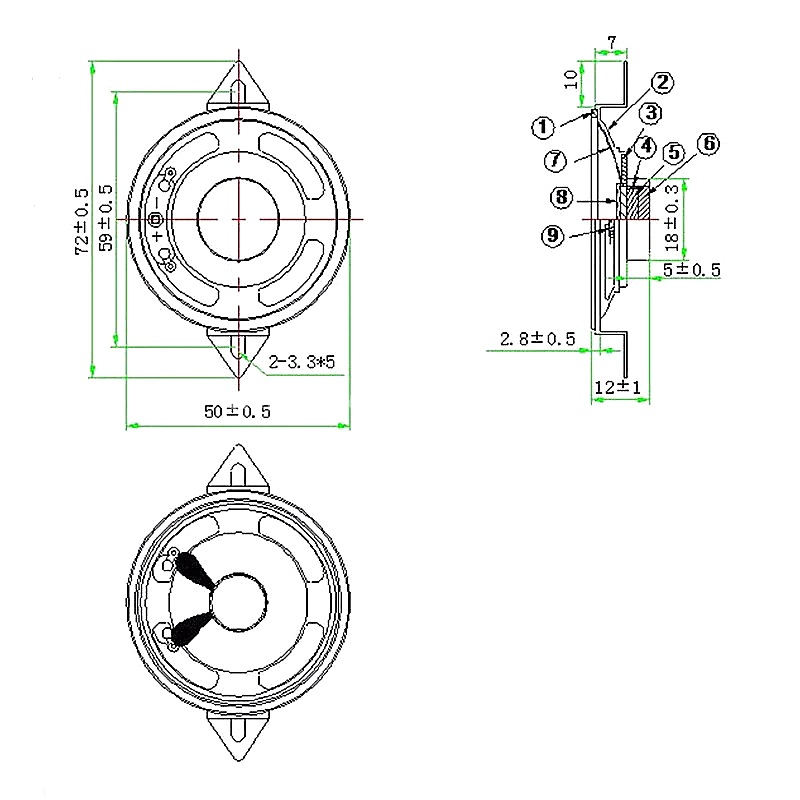  Loudspeaker 50mm YD50-59-8N12.5P-R 18mm magnet Waterproof Speaker Drivers - ESUNTECH